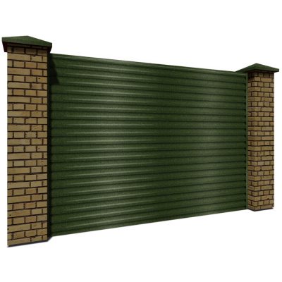Секция забора жалюзи из ламелей еврожалюзи RAL6005 Зеленый Мох Стальной Бархат с кирпичными столбами