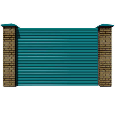 Секция забора жалюзи из ламелей еврожалюзи RAL5021 Морская Волна с кирпичными столбами анфас